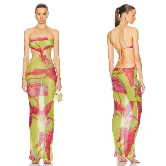 Retrofete Fontelina Mohair Knit Floral Cutout Lime Anthurium Maxi Dress Size XS - Picture 2 of 10